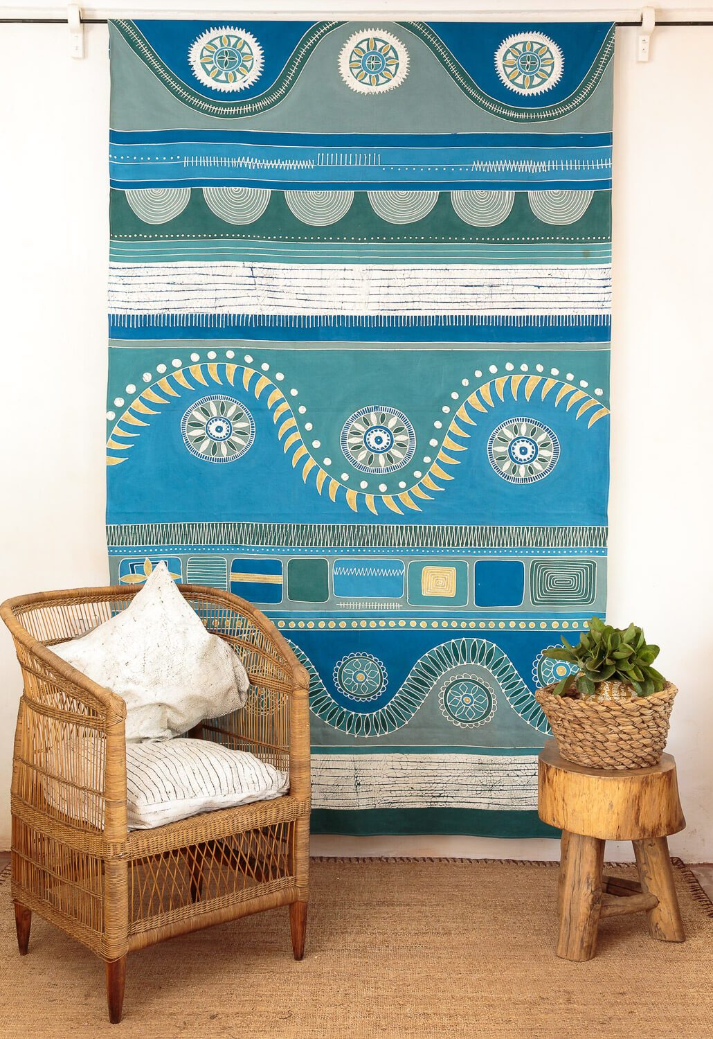 Mali Aqua Hills Tablecloth - Hand Painted by TRIBAL TEXTILES - Handcrafted Home Decor Interiors - African Made