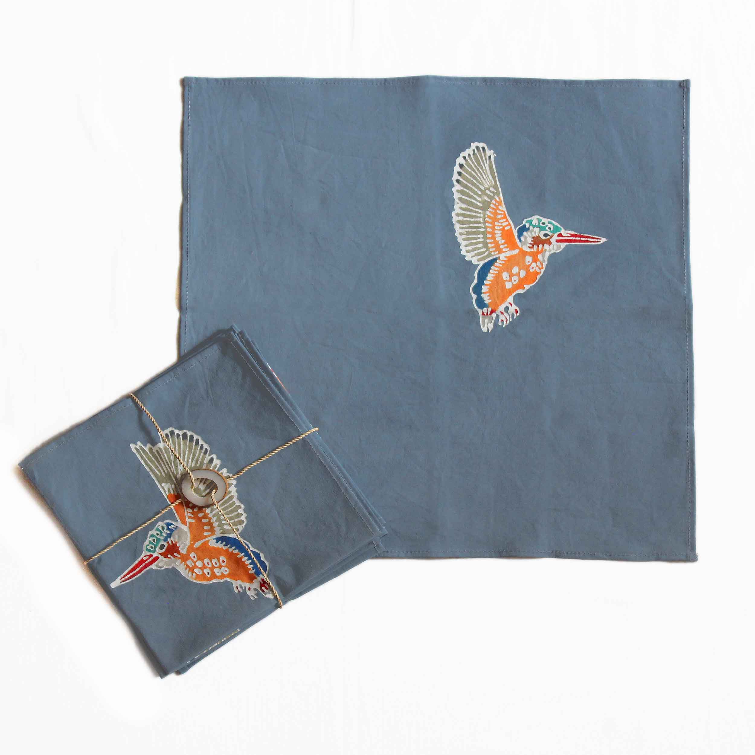Papiko Malachite Kingfisher Napkin Set - Hand Painted by TRIBAL TEXTILES - Handcrafted Home Decor Interiors - African Made