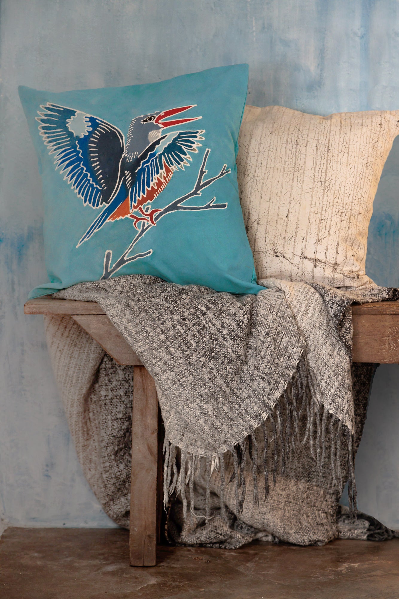 Papiko Bird collection,  Grey Headed Kingfisher Cushion Cover - Hand Painted by TRIBAL TEXTILES - Handcrafted Home Decor