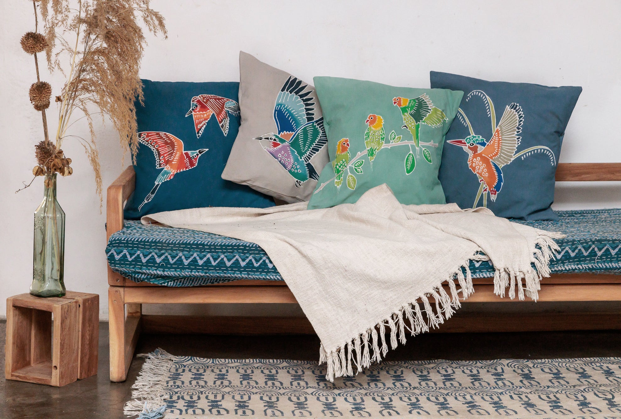 Bird cushion, Lilac Breasted Roller Cushion Cover, Hand crafted by TRIBAL TEXTILES - sustainable Home Decor Interiors