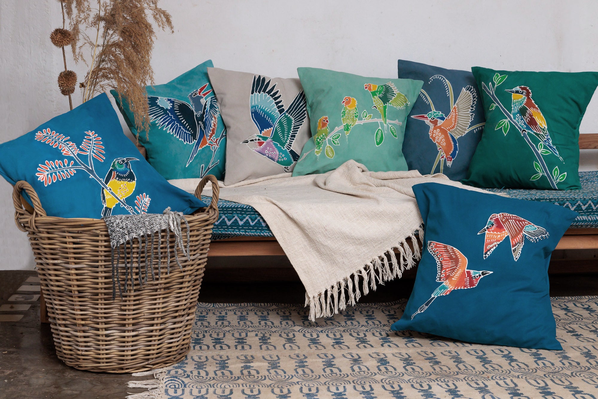 Papiko Bird Decor,  Grey Headed Kingfisher Cushion Cover - Hand Painted by TRIBAL TEXTILES - Home Decor Interiors