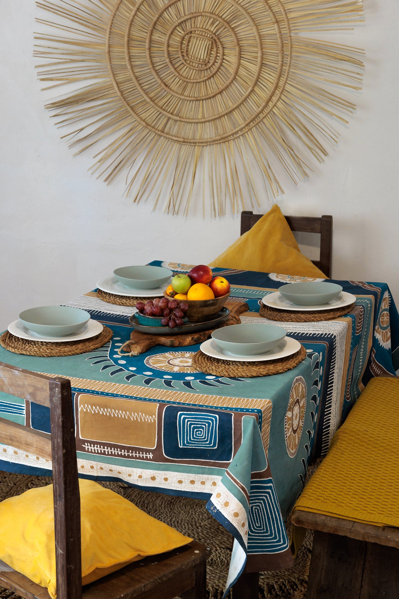 Mali Azure Tablecloth - Hand Painted by TRIBAL TEXTILES - Handcrafted Home Decor Interiors - African Made