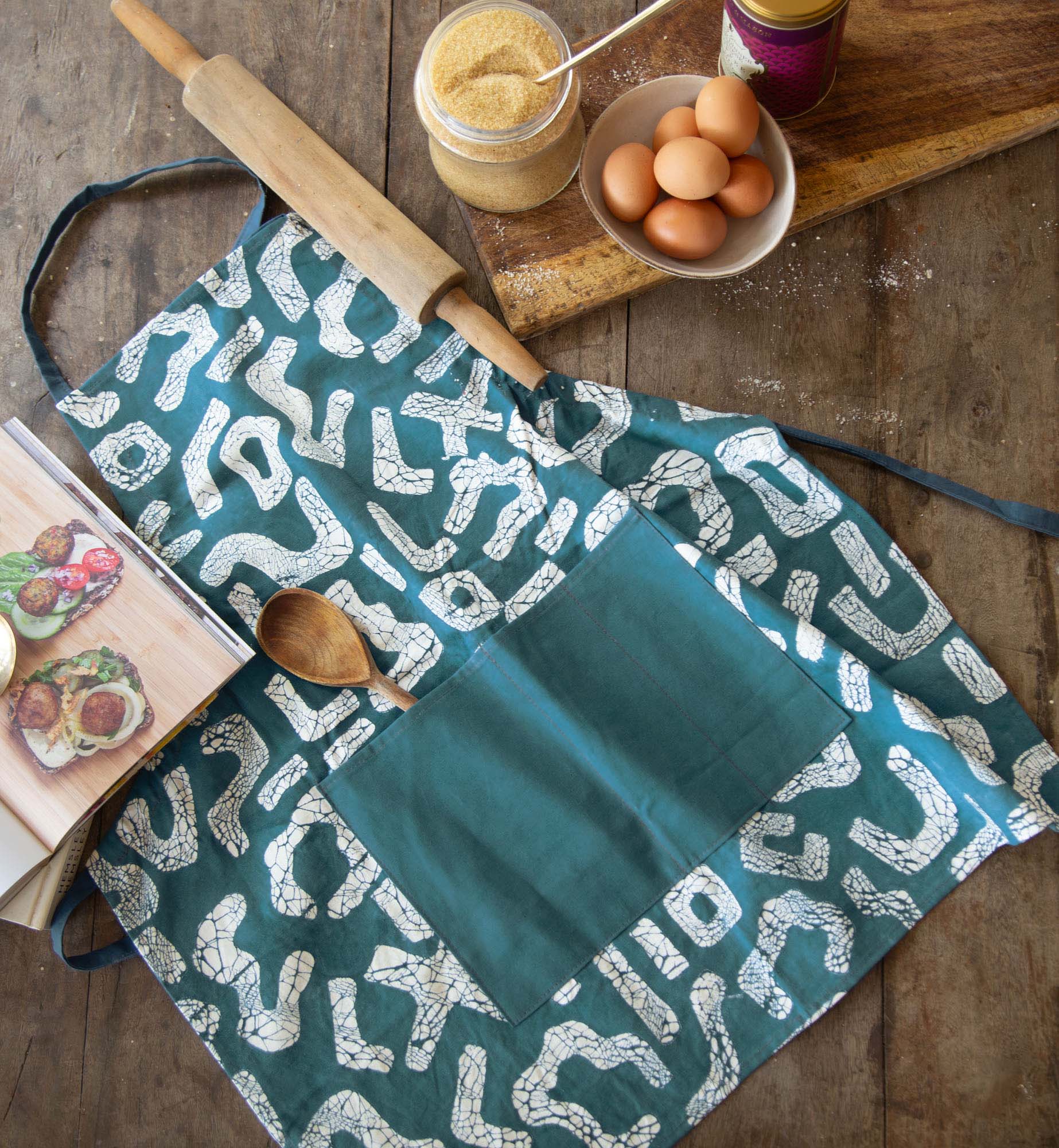 Kuba Blues Filled Teal Apron - Handmade by TRIBAL TEXTILES - Handcrafted Home Decor Interiors - African Made
