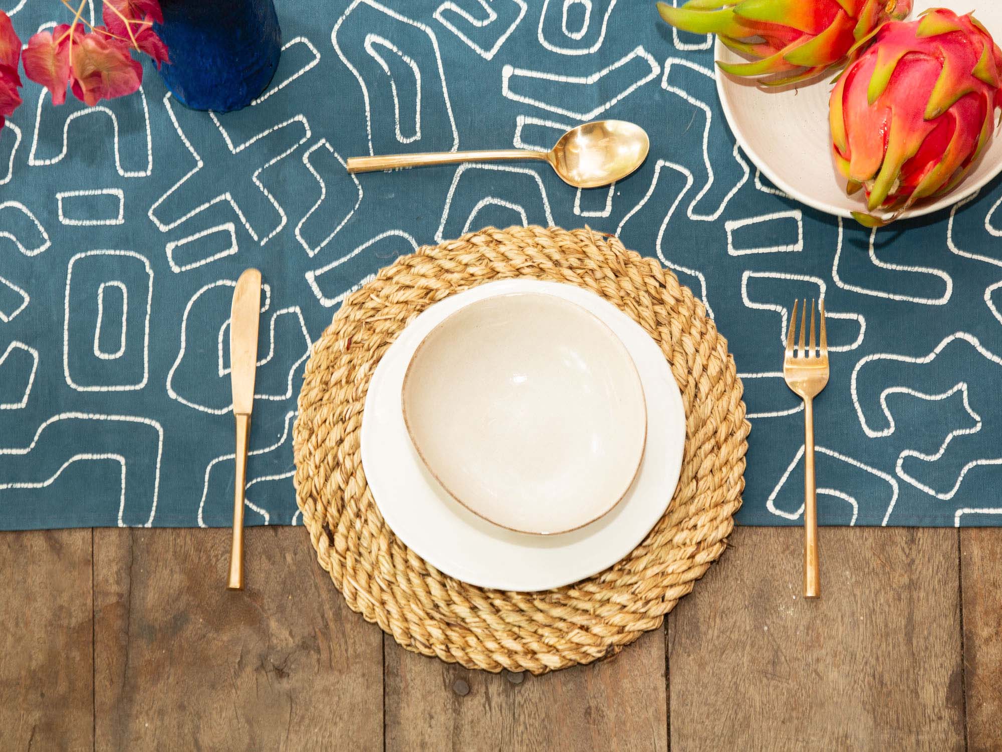 Kuba Blues Outline Teal Table Runner - Handmade by TRIBAL TEXTILES - Handcrafted Home Decor Interiors - African Made