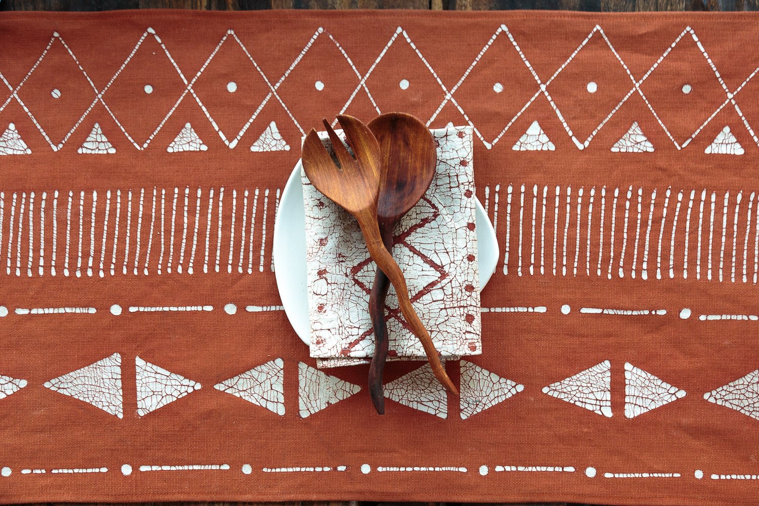 Matika Rust Linear Table Runner - Hand Painted by TRIBAL TEXTILES - Handcrafted Home Decor Interiors - African Made