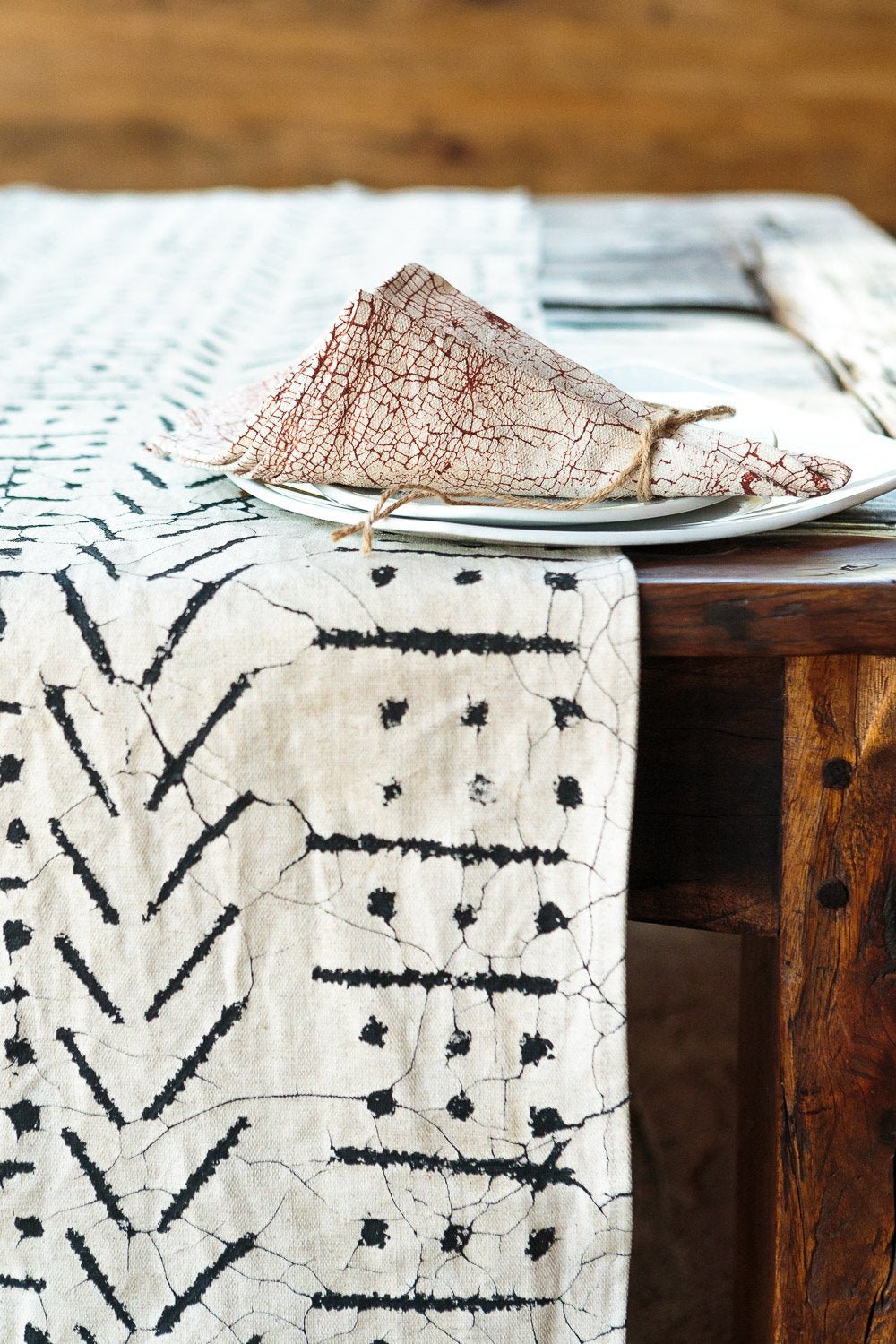 Matika Linen Black Table Runner - Hand Painted by TRIBAL TEXTILES - Handcrafted Home Decor Interiors - African Made