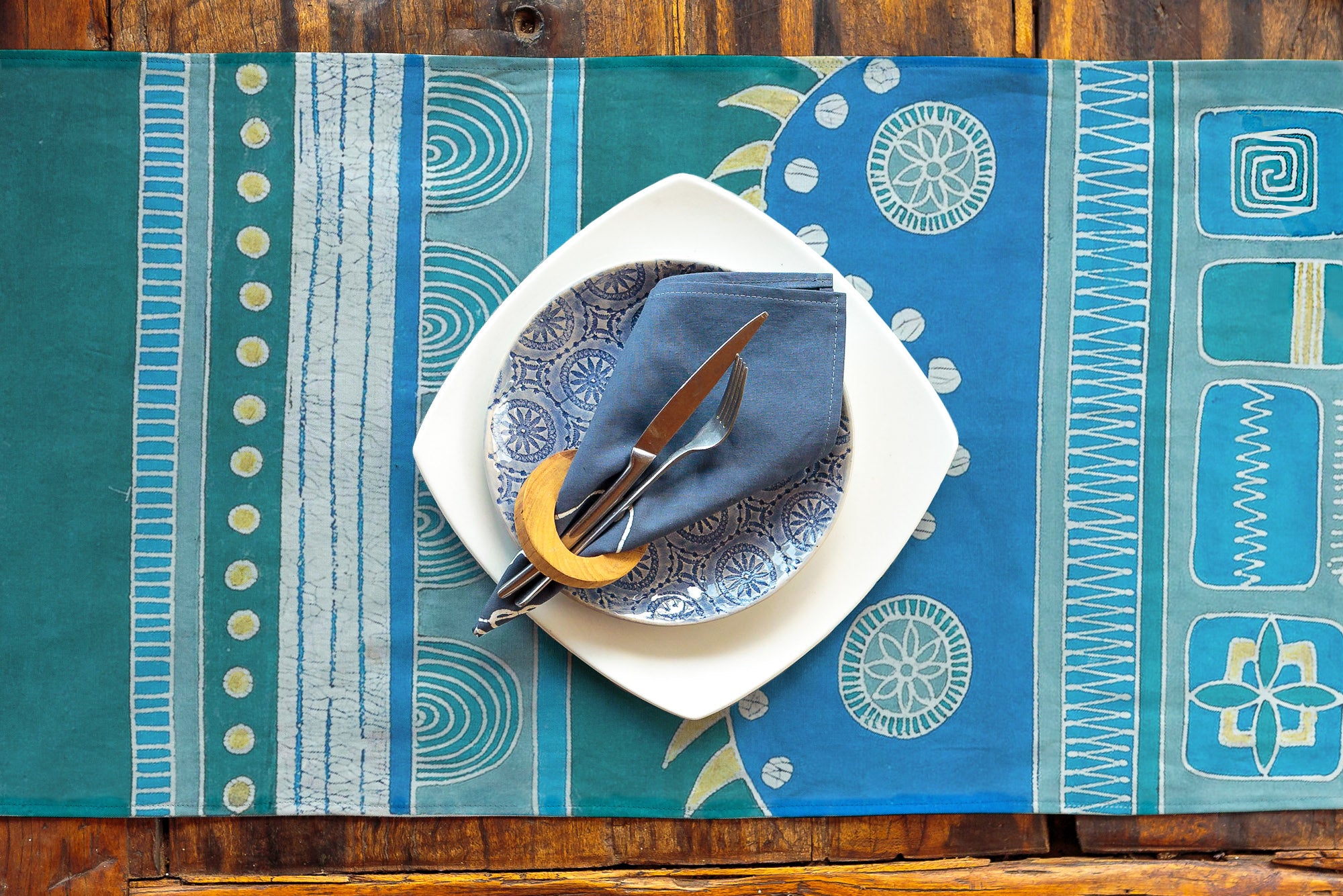 Mali Aqua Hills Table Runner - Hand Painted by TRIBAL TEXTILES - Handcrafted Home Decor Interiors - African Made