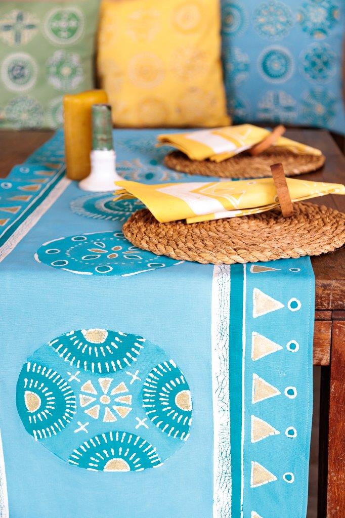 Kuosi Aqua Table Runner - Hand Painted by TRIBAL TEXTILES - Handcrafted Home Decor Interiors - African Made