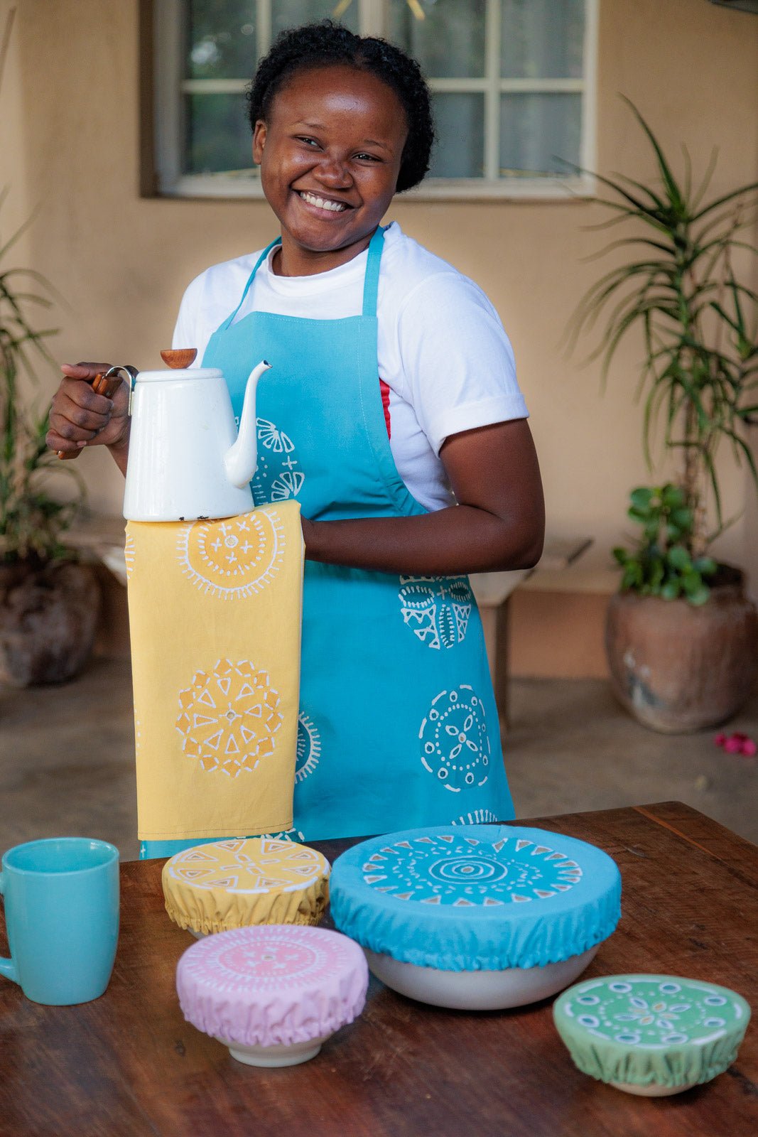 Kuosi Aqua Apron - Hand Painted by TRIBAL TEXTILES - Handcrafted Home Decor Interiors - African Made
