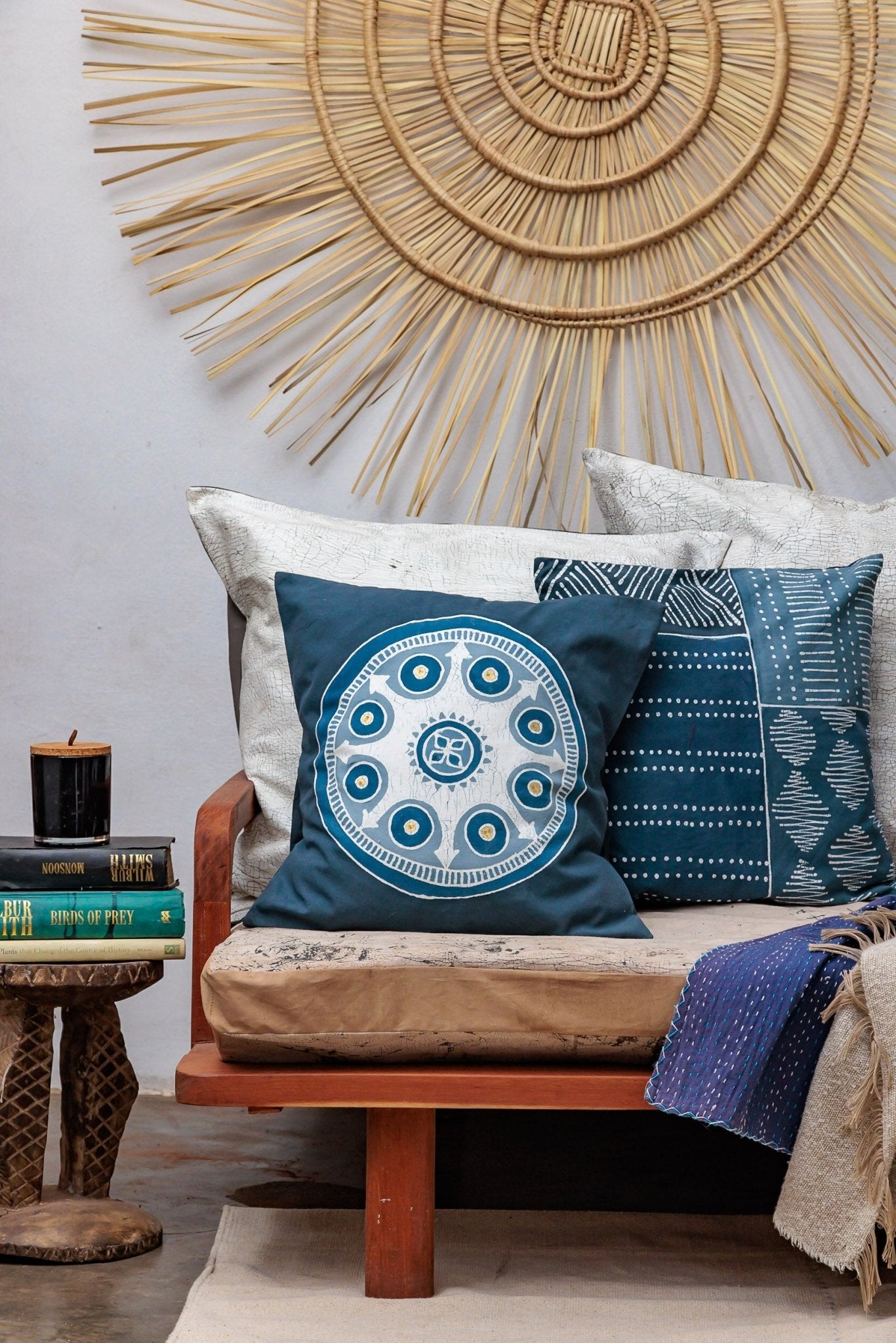 African Circles Indigo Cushion Cover - Hand Painted by TRIBAL TEXTILES - Handcrafted Home Decor Interiors - African Made