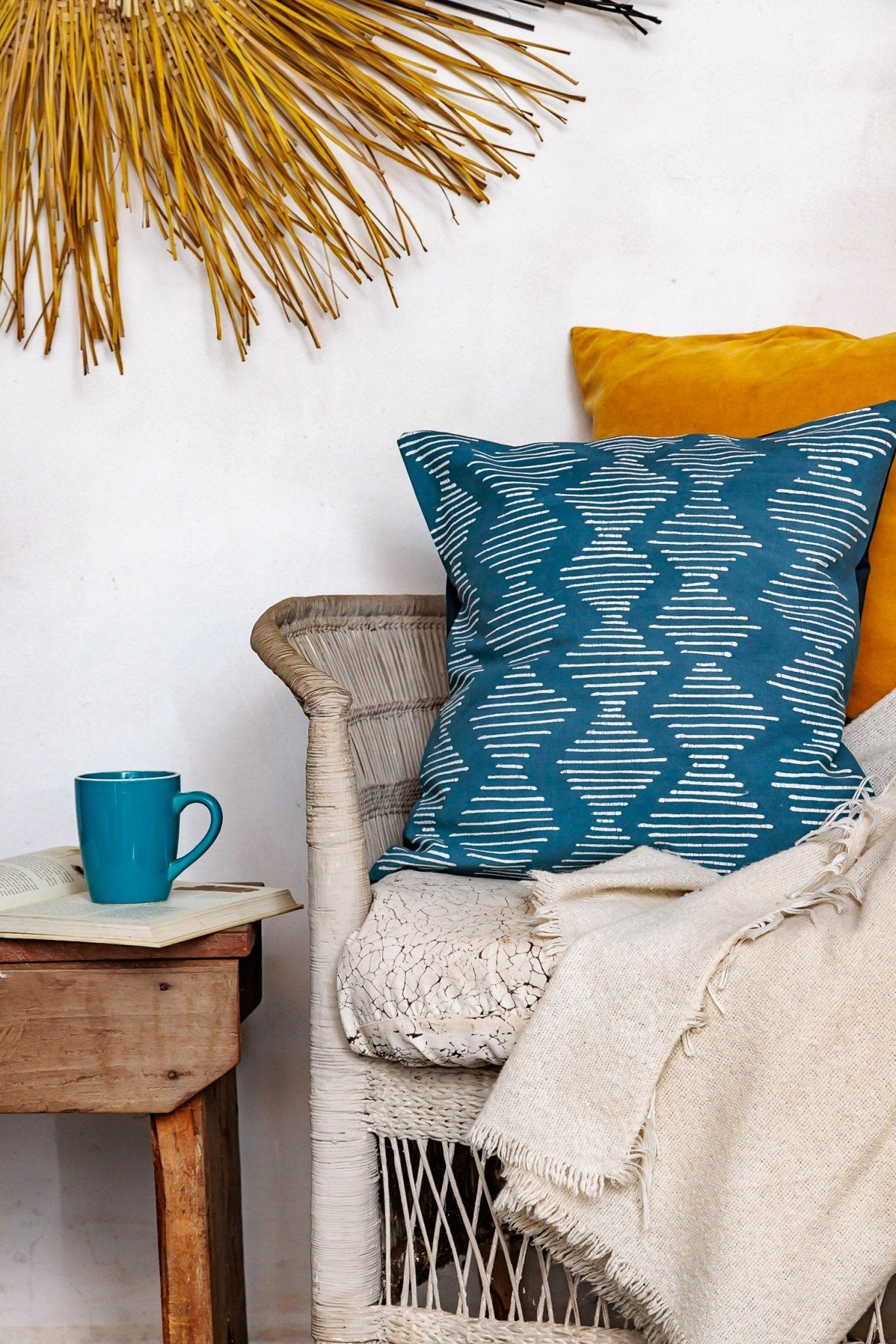 Tribal Cloth blue Line Wave Cushion Cover - Hand Painted by TRIBAL TEXTILES Handcrafted Home Decor Interiors - African Made