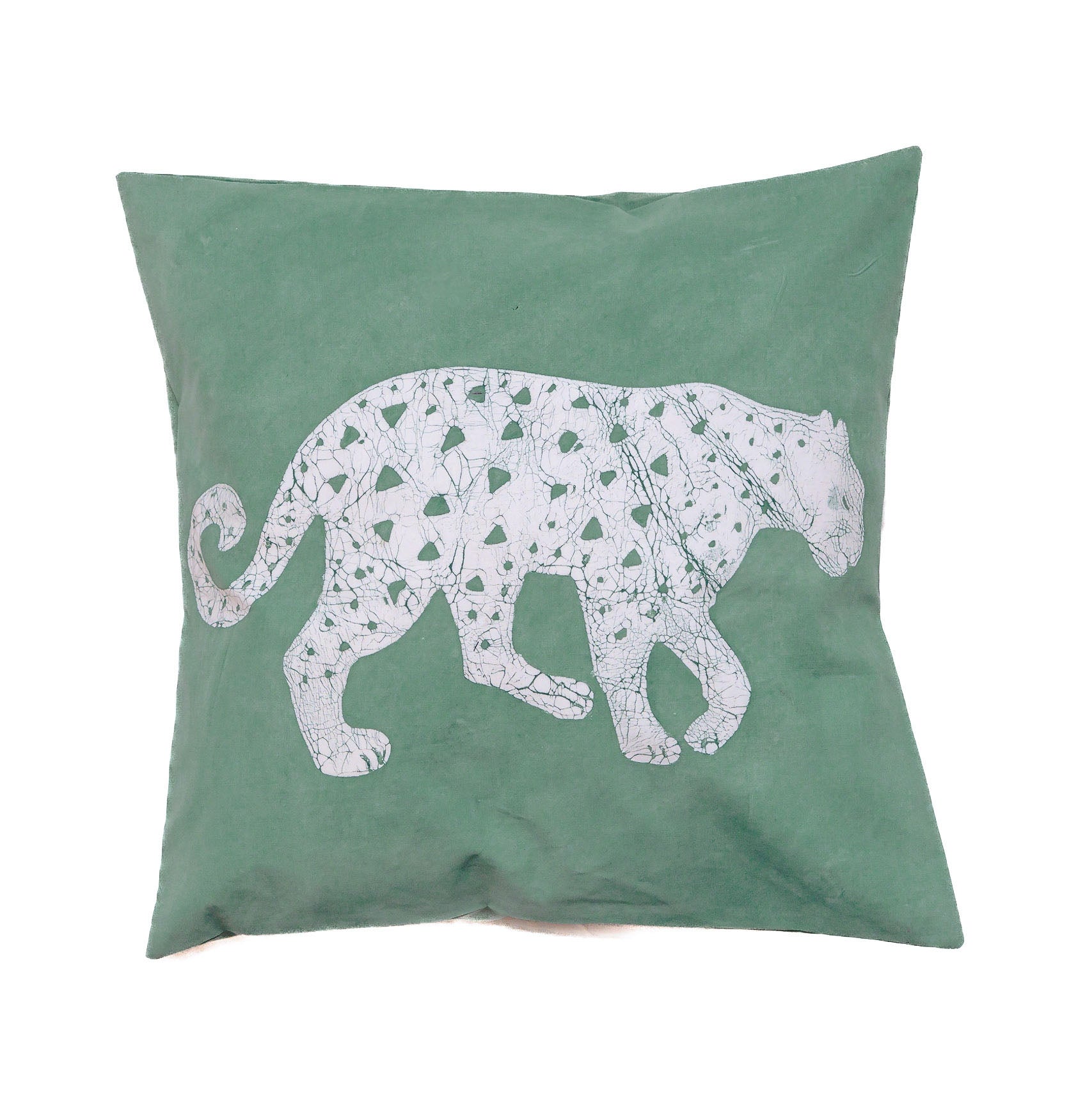 Mwana Leopard Cushion Cover - Light Green - Hand Painted by TRIBAL TEXTILES - Handcrafted Home Decor Interiors - African Made