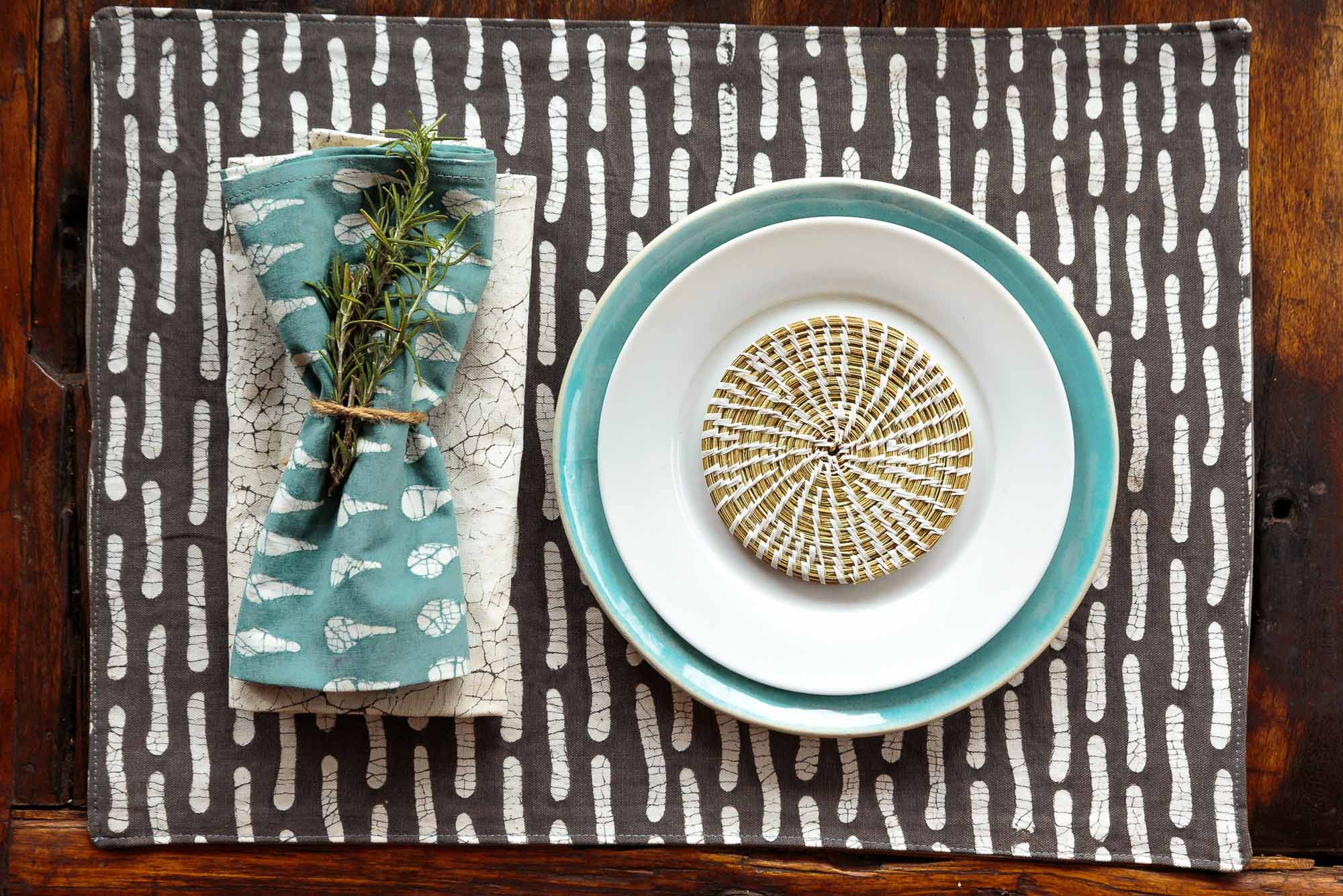 Boho Teal Drops Napkin Set - Hand Painted by TRIBAL TEXTILES - Handcrafted Home Decor Interiors - African Made