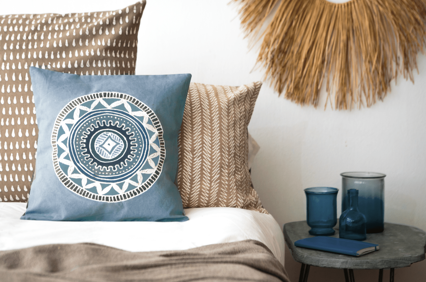 African Circles Indigo Light Blue Cushion Cover Hand Painted by TRIBAL TEXTILES, Ethically Handcrafted Home Decor