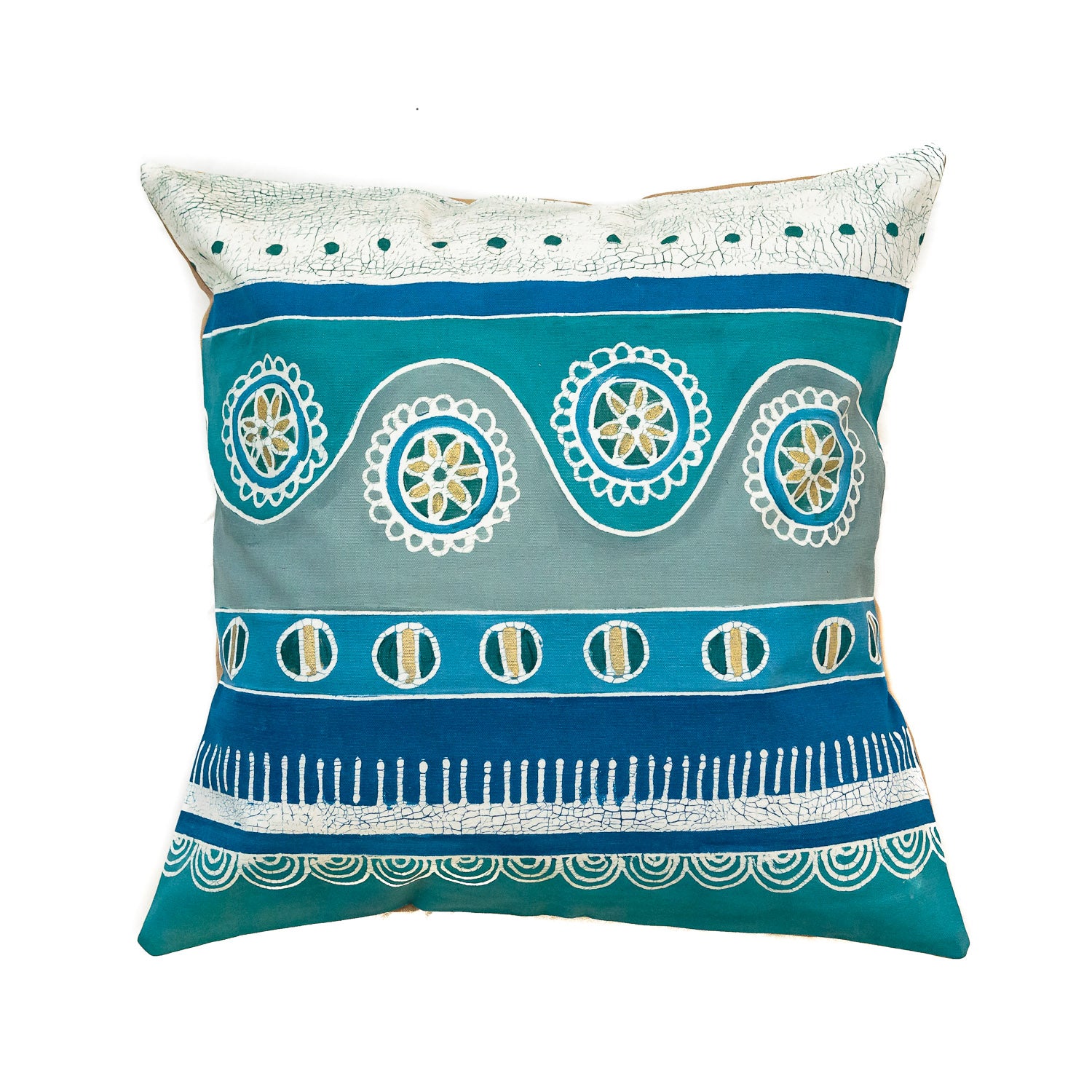 Mali Aqua Wiggle Cushion Cover - Hand Painted by TRIBAL TEXTILES - Handcrafted Home Decor Interiors - African Made